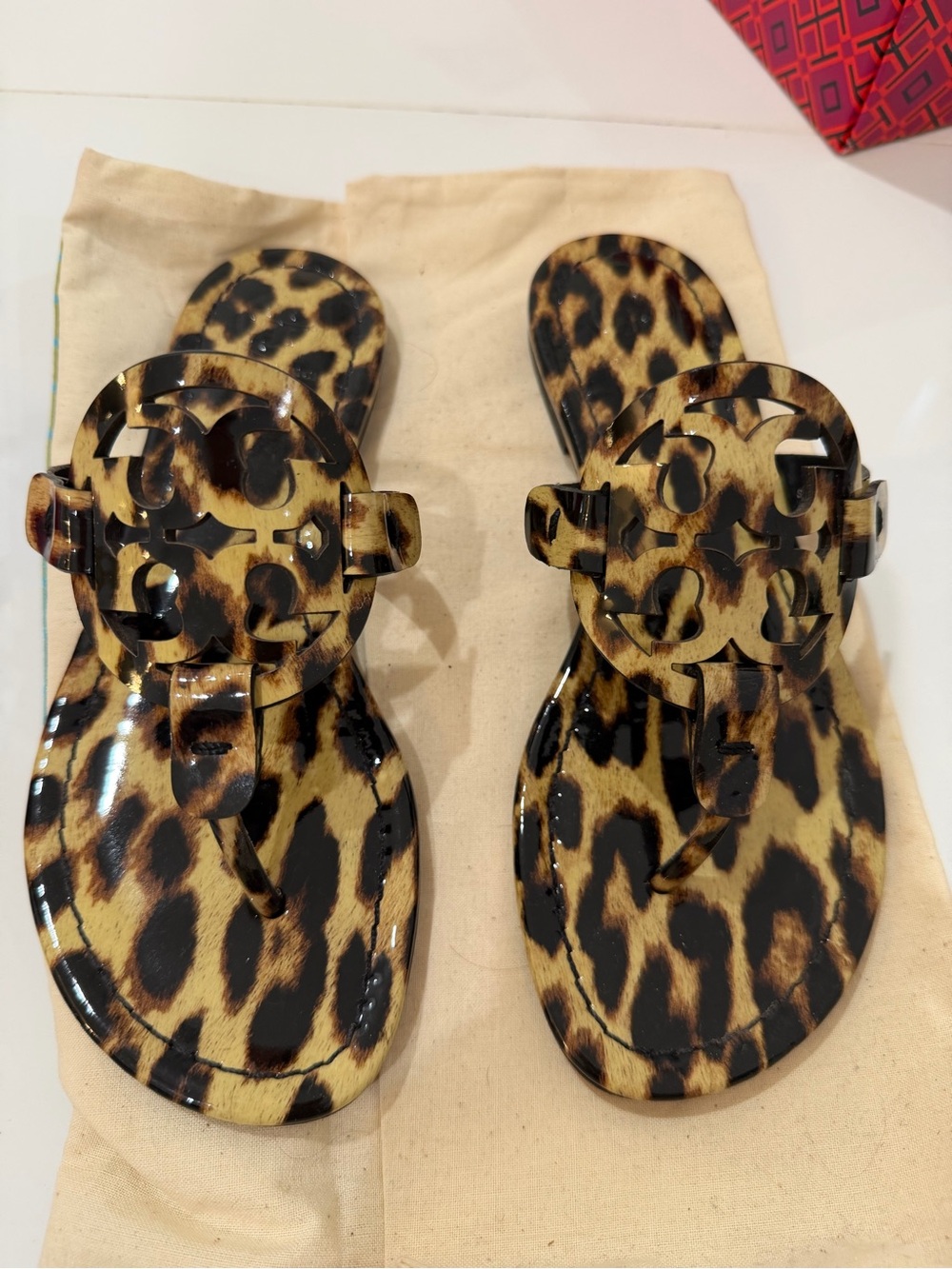 Tory Burch Miller Natural Leopard Patent Leather Sandals size 5.5